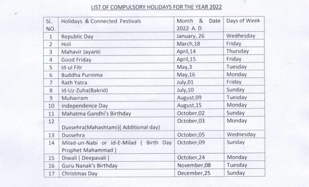 WB Central Govt Office Holiday List 2022 PDF Download Kolkata Govt